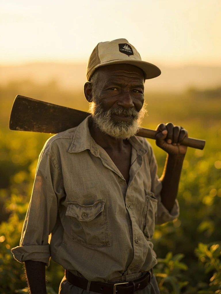 Marvin Grant, a yam farmer in St. Ann, stands in his field with a machete on his shoulder.