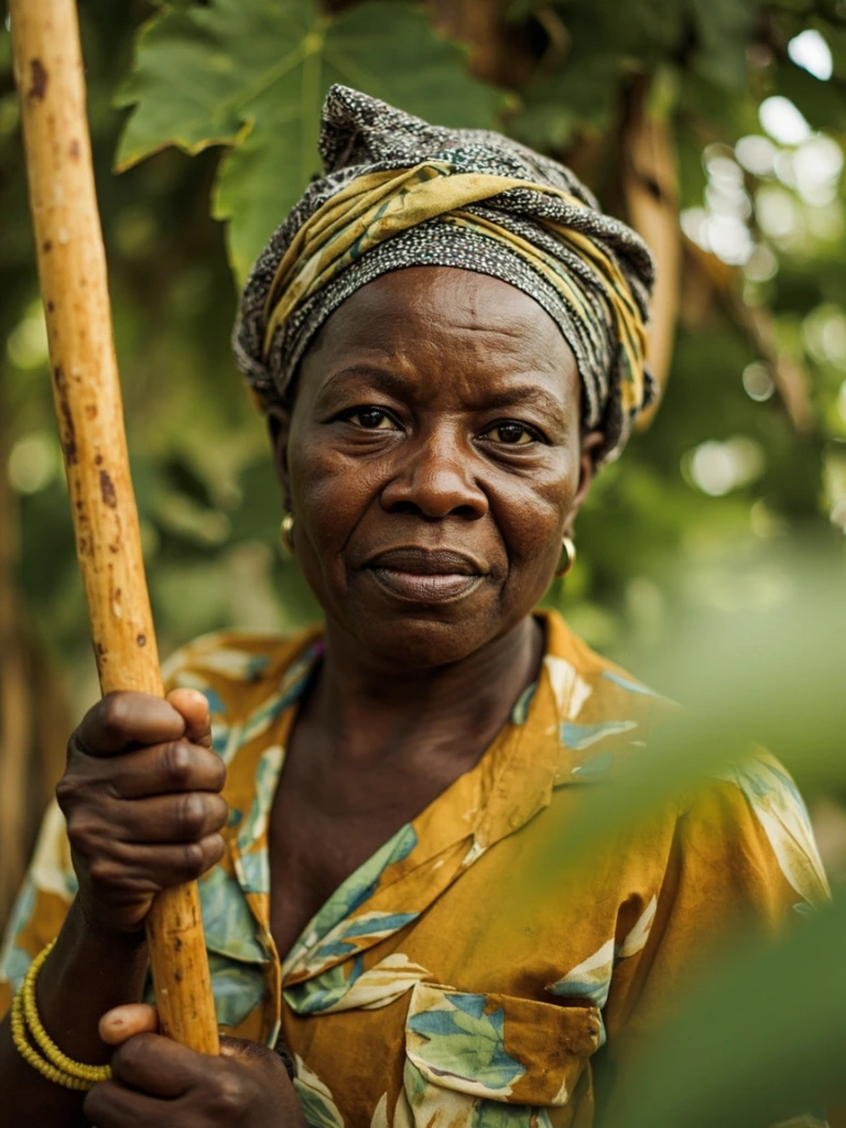 Pauline Reid, an ackee grower in St. Elizabeth, stands beside an ackee tree with a picking pole.