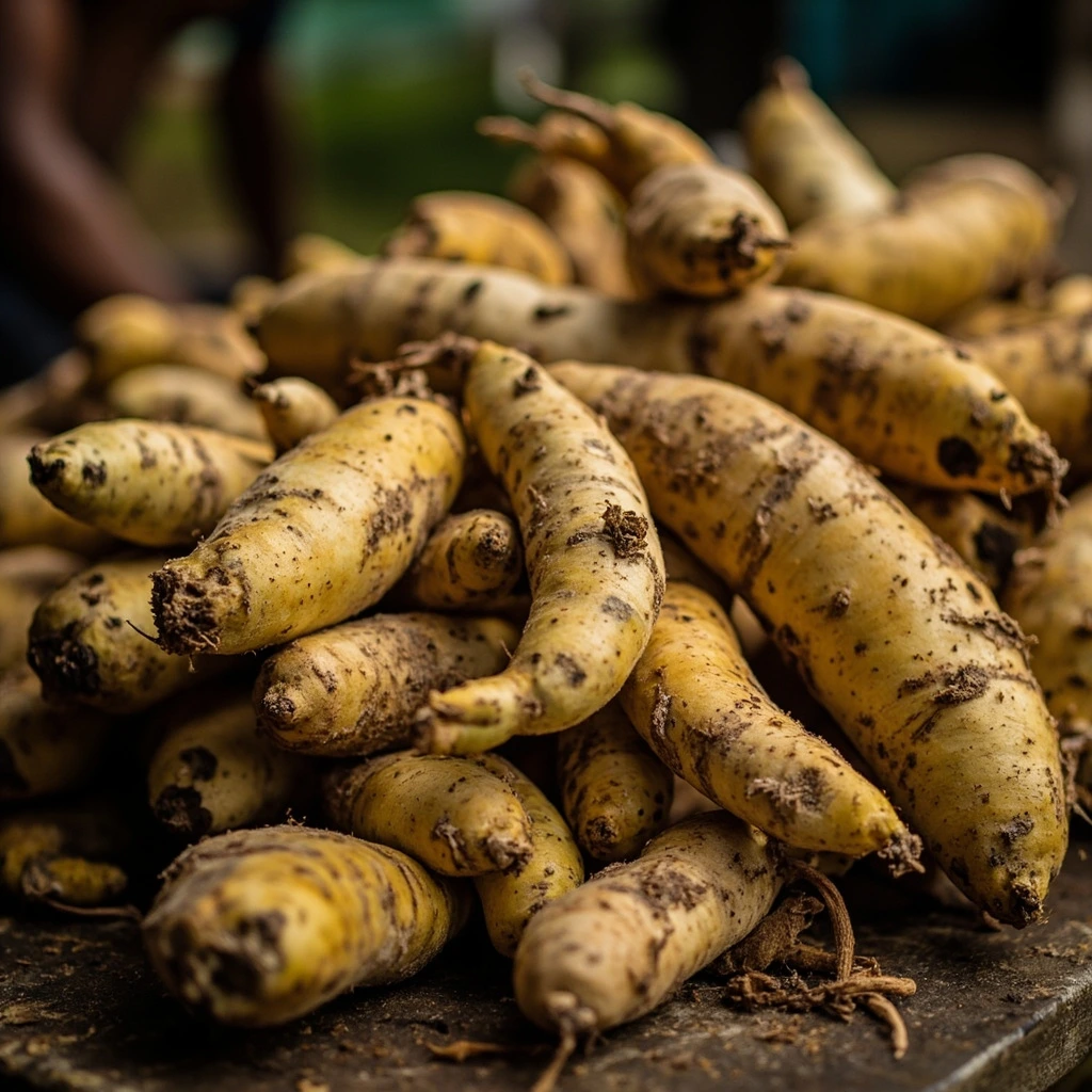 Freshly harvested yellow yams piled on a wooden table in a St. Ann packing shed.