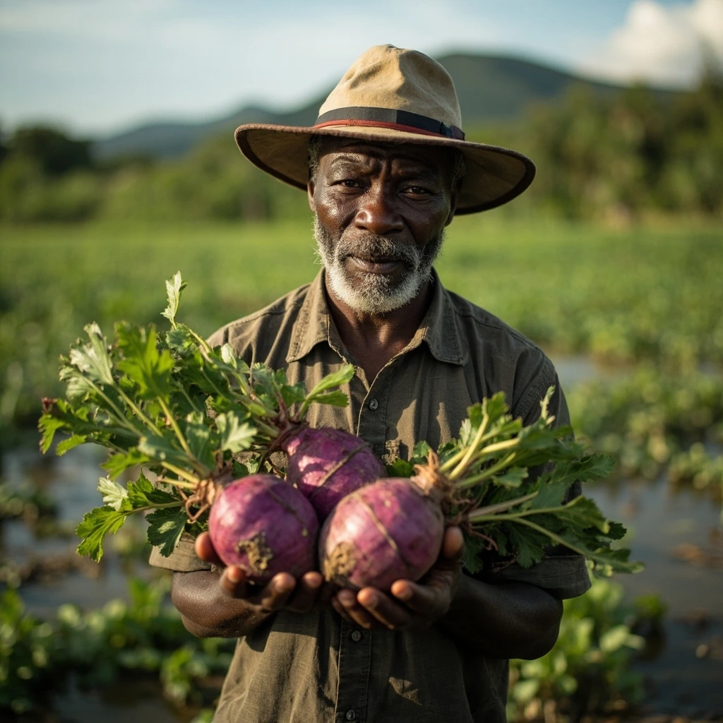 A farmer in St. Andrew holds freshly pulled dasheen tubers with stems attached.