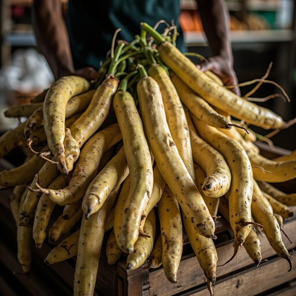 Cassava roots stacked in a Mandeville collection hub, ready for distribution.