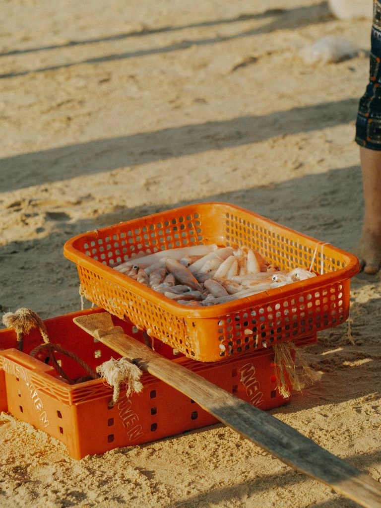 A fisher unloads yellowtail snappers from a wooden boat at Port Antonio harbour.