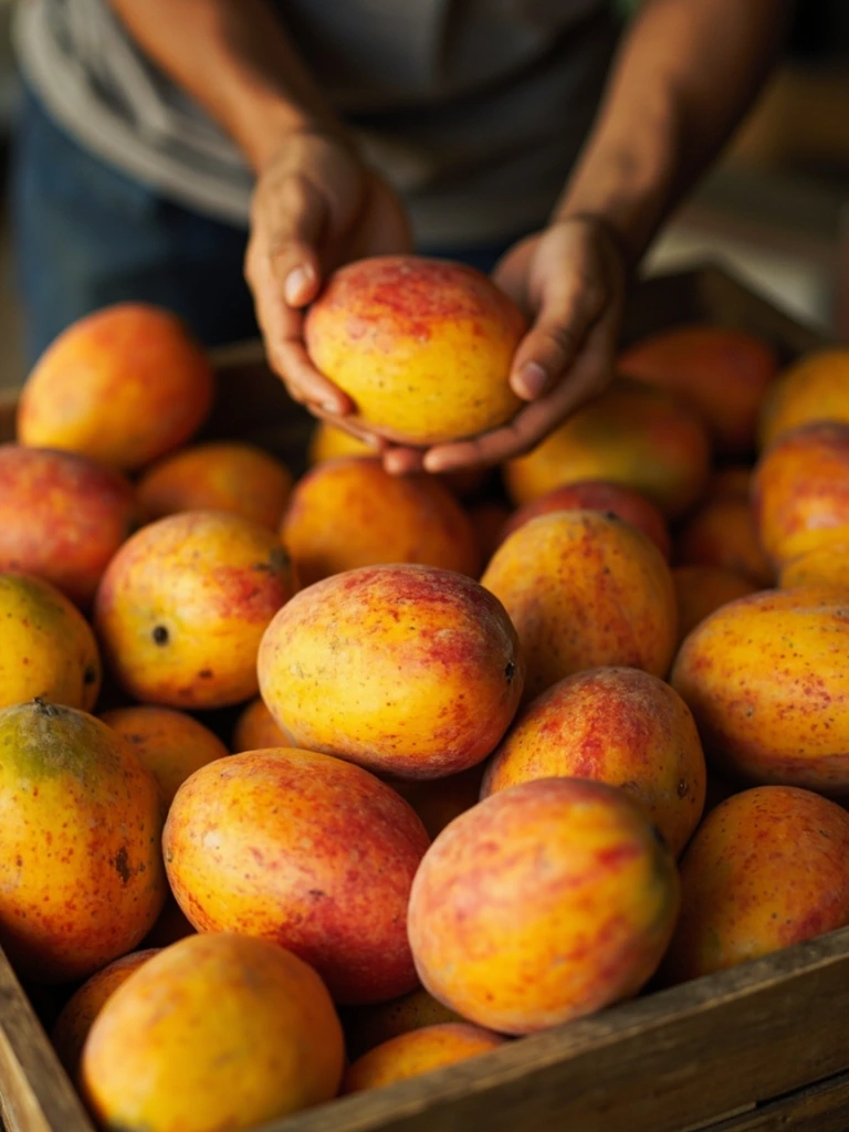 Julie and East Indian mangoes in a wooden crate at the May Pen collection hub.