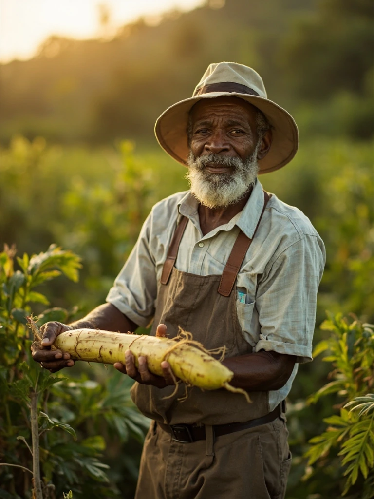 A yam farmer in St. Ann holds a freshly harvested yellow yam in his field at golden hour